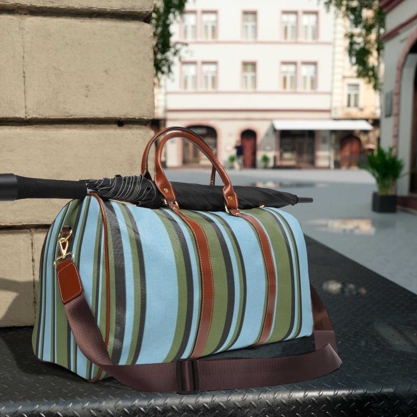 Custom Blue Green Stripes Travel Bag Weekender Over Night Bag
