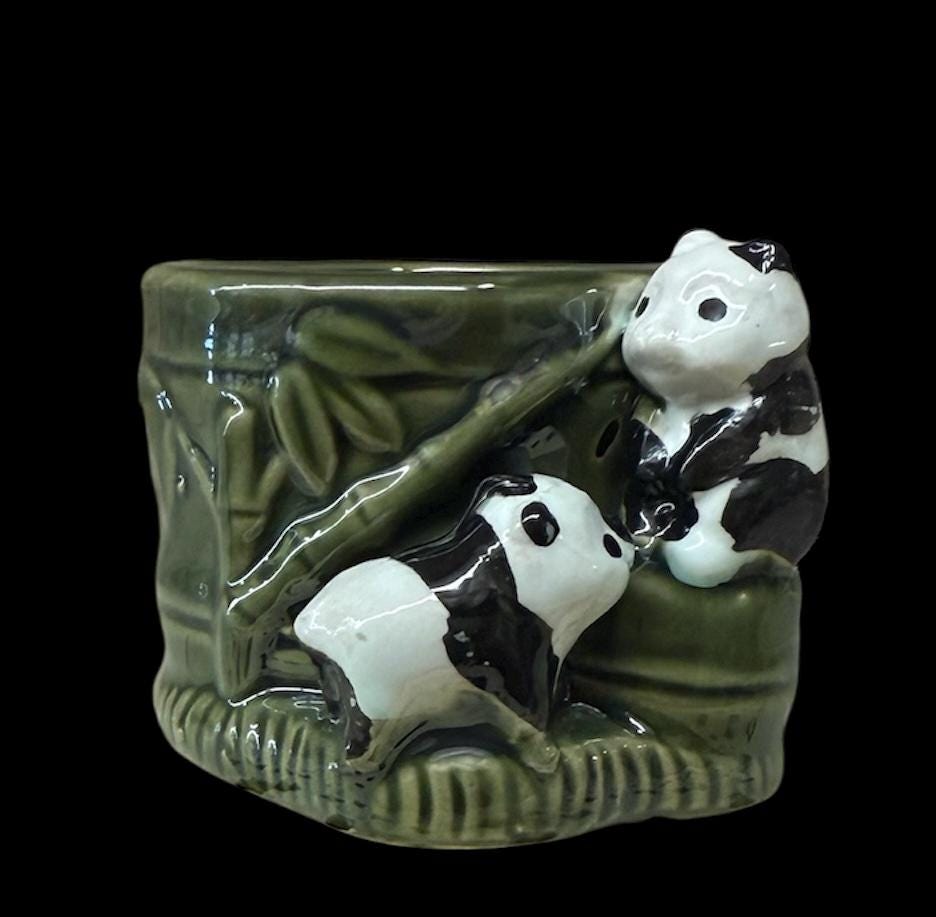 Lucky Bamboo Plants with ceramic Panda Planter Vase Green Brown Asian Decor