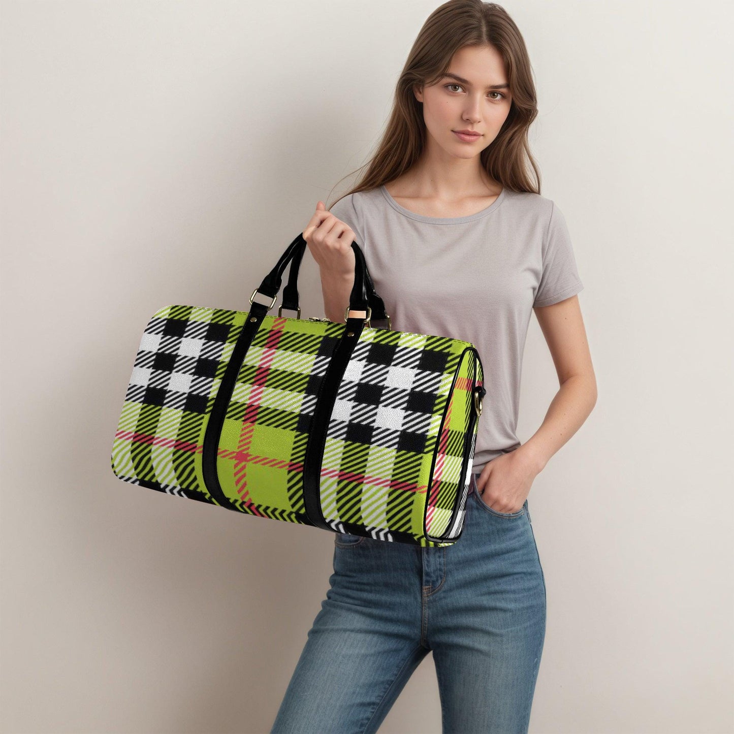 Yellow Plaid Vegan Leather Duffle Bag: Eco-Friendly Weekender