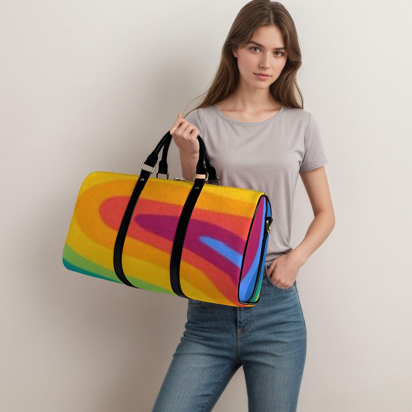 Rainbow Travel Duffle Bag: Custom Design, Vegan Leather Weekender