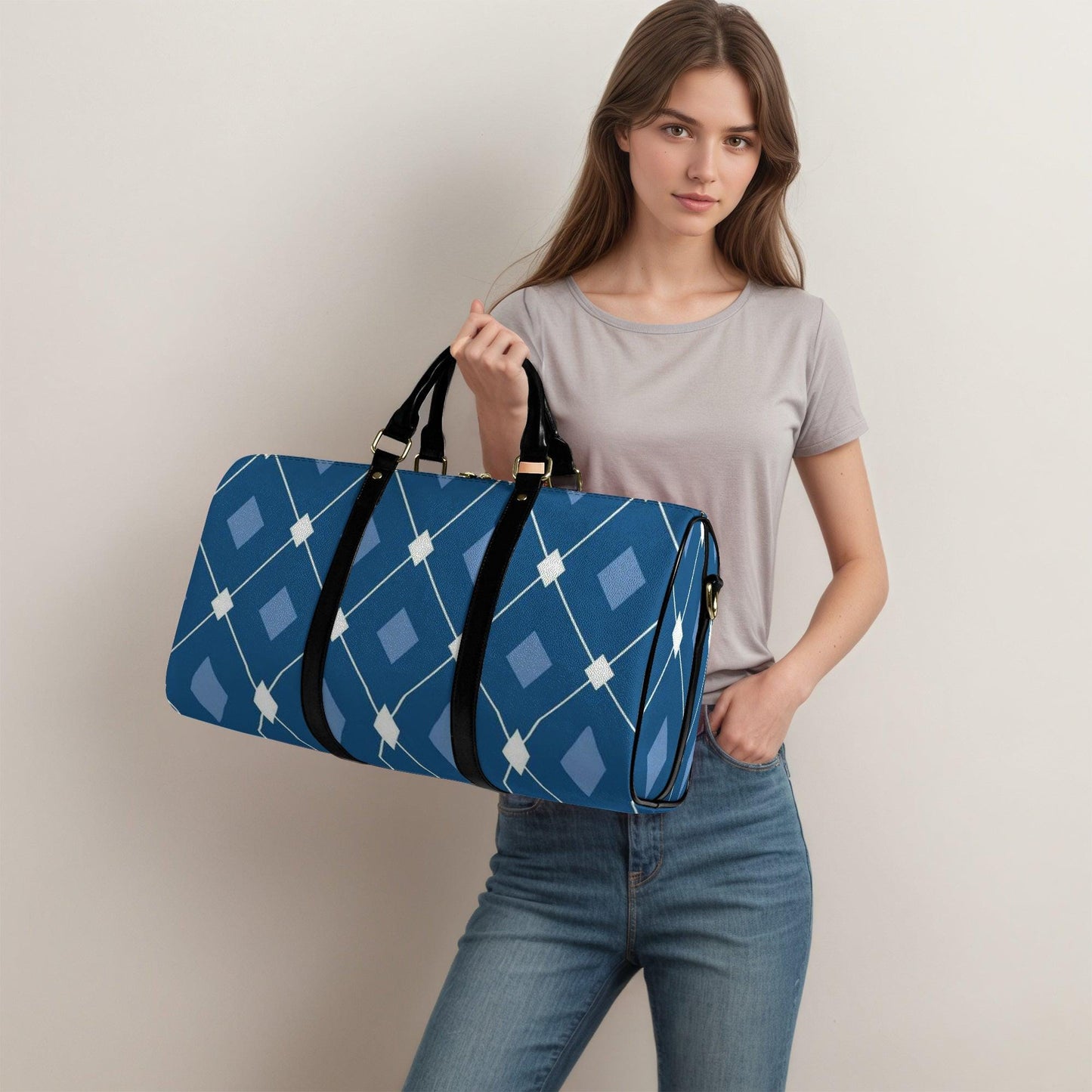 PU Leather Travel Duffle Bag: Argyle Print Weekender
