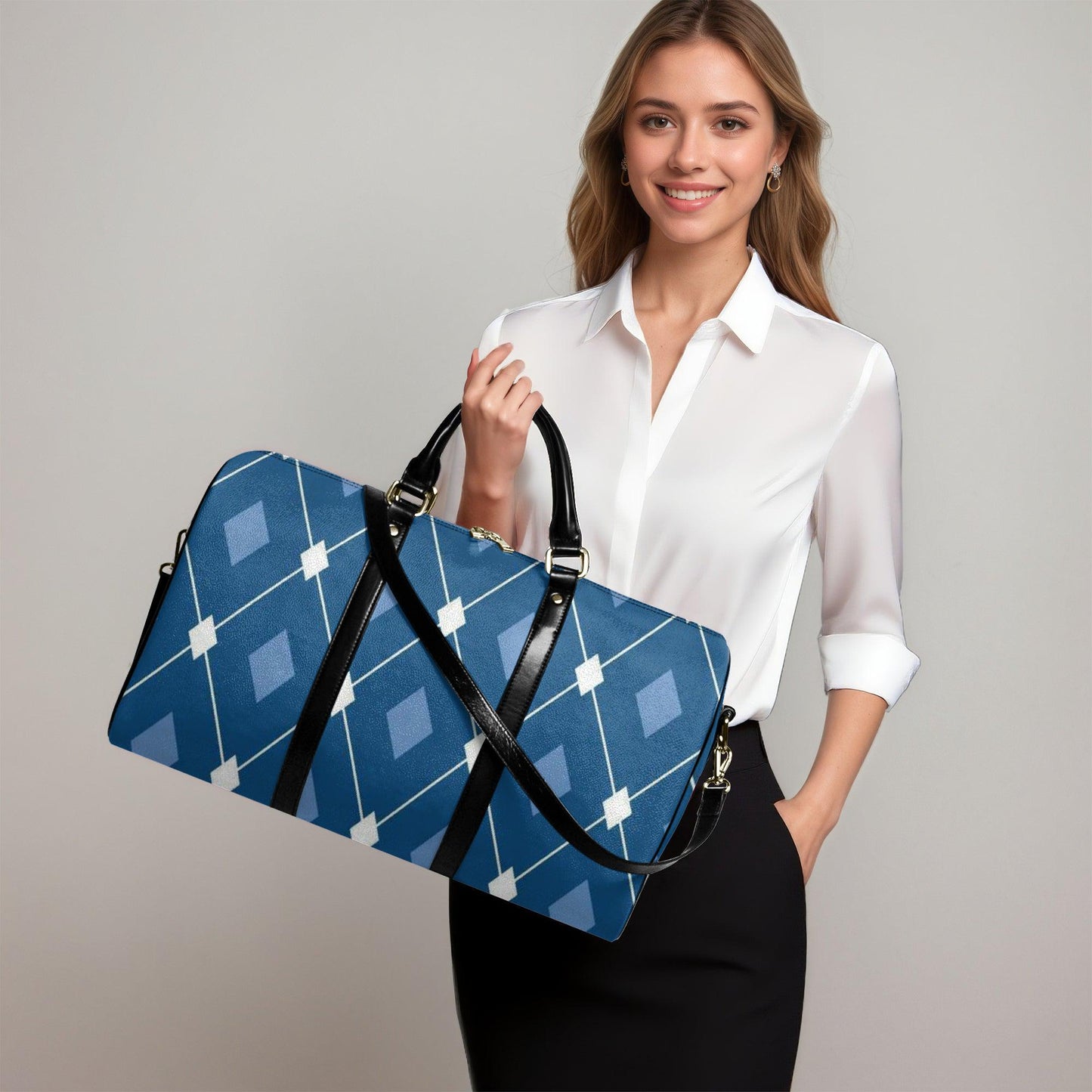 PU Leather Travel Duffle Bag: Argyle Print Weekender