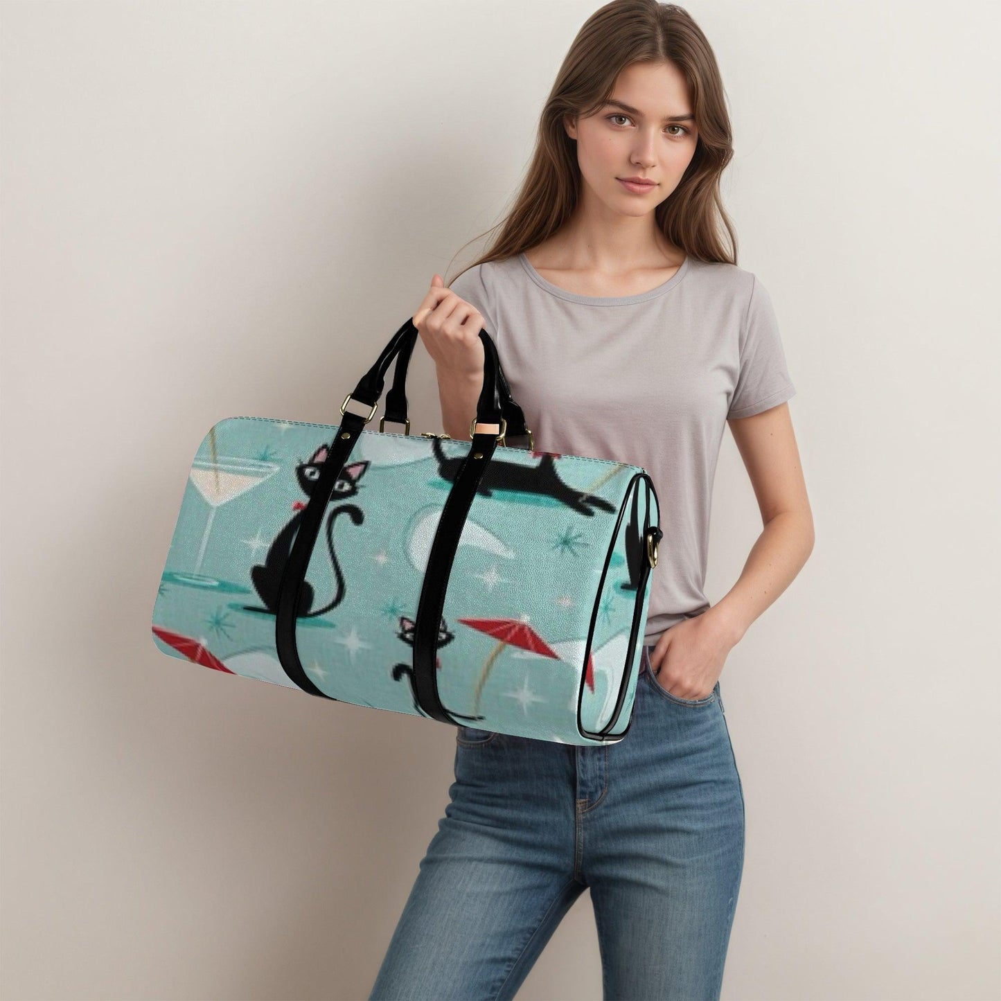 Retro Cats PU Leather Travel Duffle Bag