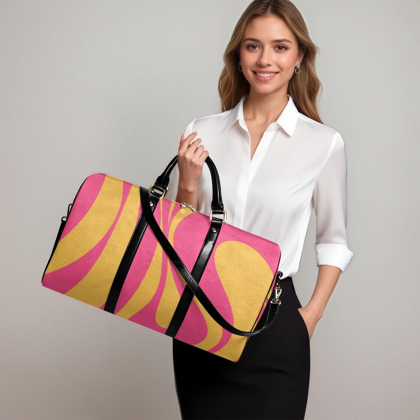 PU Leather Travel Duffle Bag: Pink & Gold Swirl, Weekender Carry-on