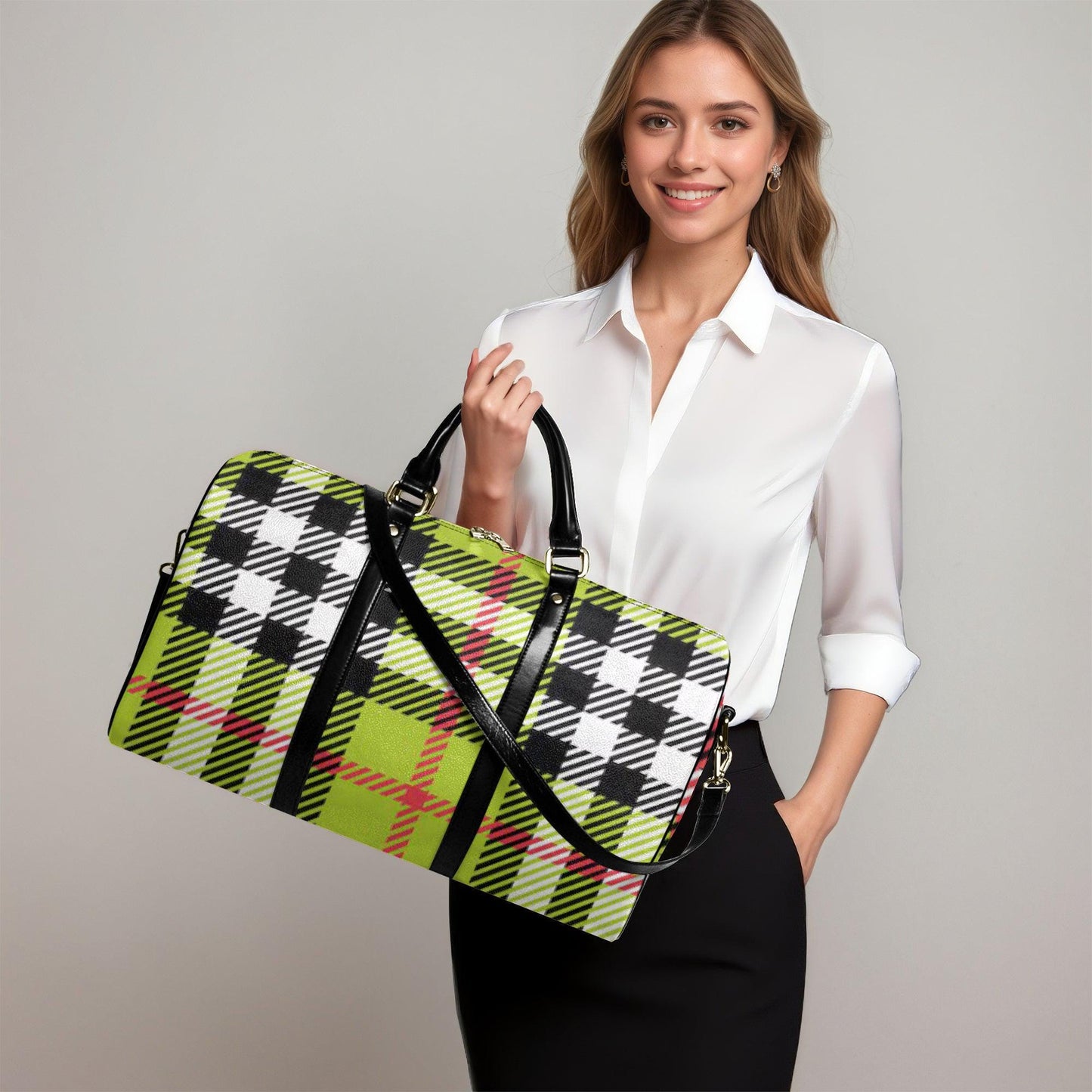 Yellow Plaid Vegan Leather Duffle Bag: Eco-Friendly Weekender