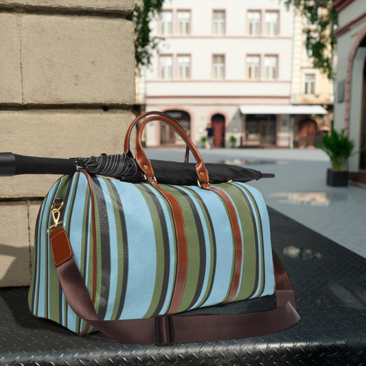 Custom Blue Green Stripes Travel Bag Weekender Over Night Bag