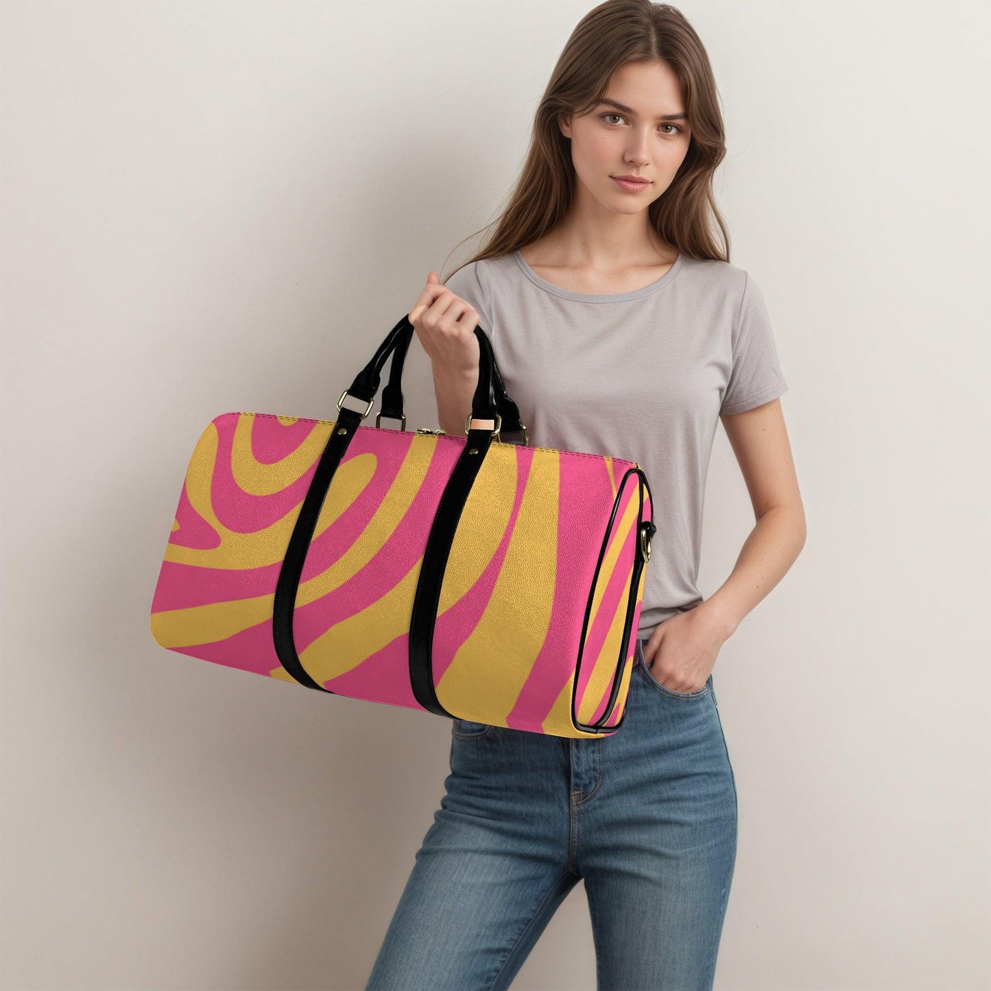 PU Leather Travel Duffle Bag: Pink & Gold Swirl, Weekender Carry-on